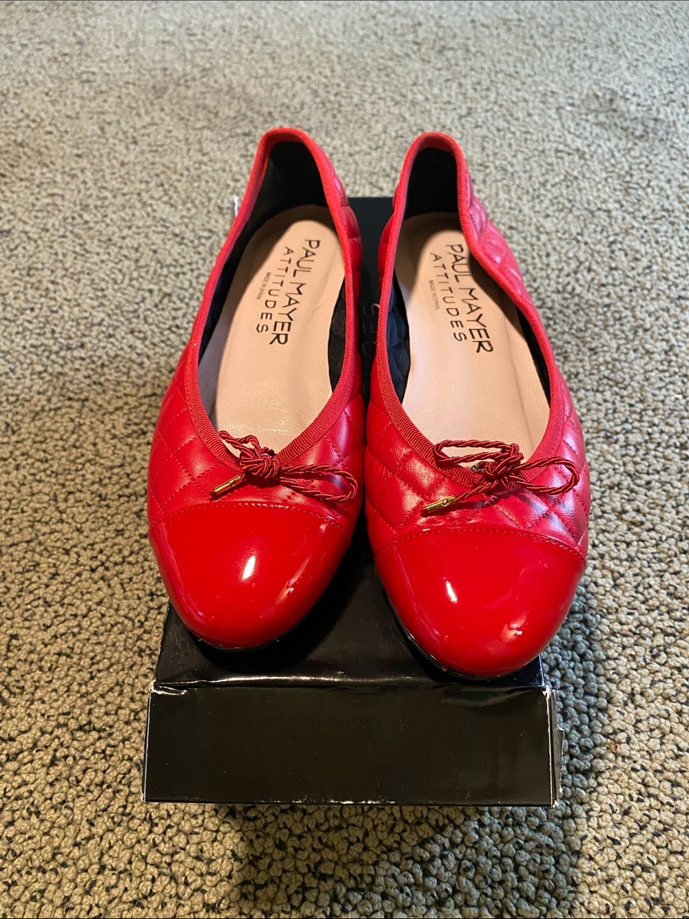 Paul Mayer Red Quilted Patent Slip-On Ballet Flats with Bow Accent